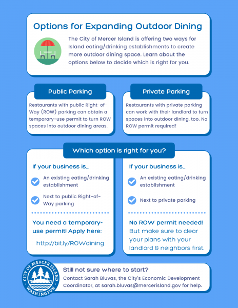 Blue and white flyer promoting two options for creating outdoor dining space